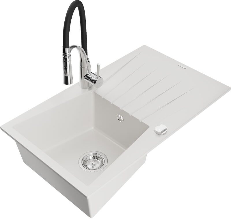 Mexen Cesar 1 Becken-Granitspüle mit Abtropffläche und Mischbatterie Aster, Weiß - 6514-20-73450-07