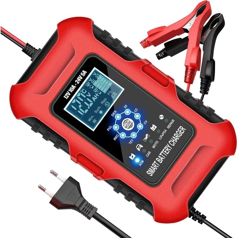 Thumbnail - 10A Autobatterieladegerät, 12 V/24 v, Smart-Ladegerät, Autobatterie, LCD-Bildschirm und Temperaturkompensation, Autobatt...