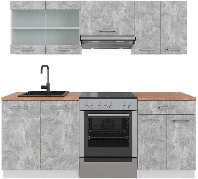 Vicco - Küchenzeile R-Line, Beton/Weiß, 200 cm , ap Eiche