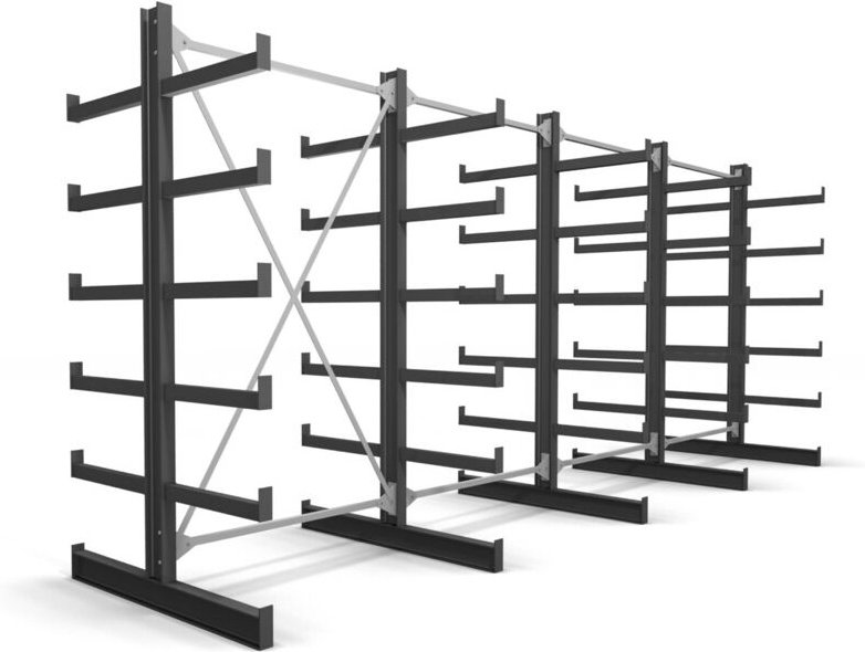 Kragarmregal, doppelseitig, 4 Felder mit 5 Ebenen, BxHxT 5200x2000x500mm, Regalsystem mit 5 gleich langen Kragarmen (pro...