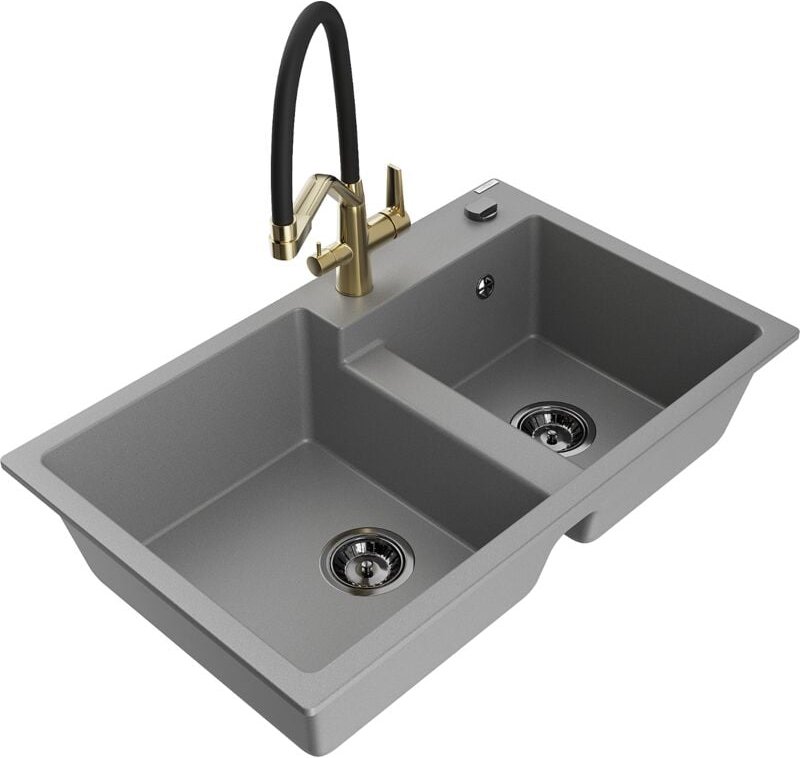Tomas 2-Becken-Granitspüle mit Mischbatterie Duo, Grau - 6516-71-671701-57-B - Mexen