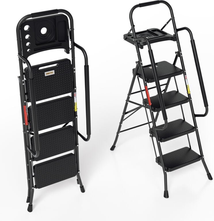 SWANEW Escabeau pliable 4 marches pédale antidérapante échelle pliante jusqu'à 150 kg accoudoirs amovibles acier