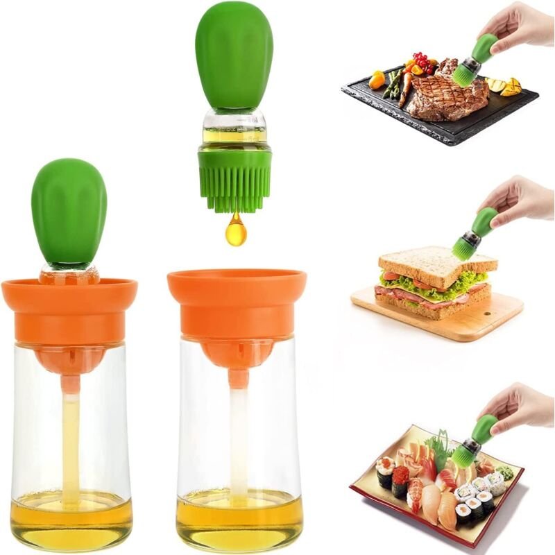 Lspenderflasche mit Silikonbürste, 2-in-1-Olivenölsprüher aus Glas, Silikontropfer, Grillbürste für Küche, Grillen, Brat...