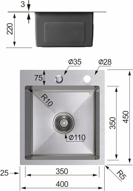 Spülbecken 4045 cm ab 40er Unterschrank Küchenspüle mit Über- und Ablaufgarnitur Edelstahl Einbauspüle 304 Poliert Ohne ...