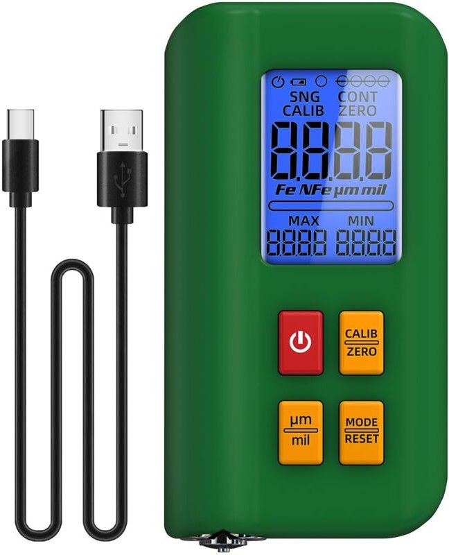 T2 Wiederaufladbares digitales Dickenmessgerät, Lackmessgerät mit Dreifachanzeige, 0-1500µm Fe/NFe, Mehrpunkt-Automatikm...