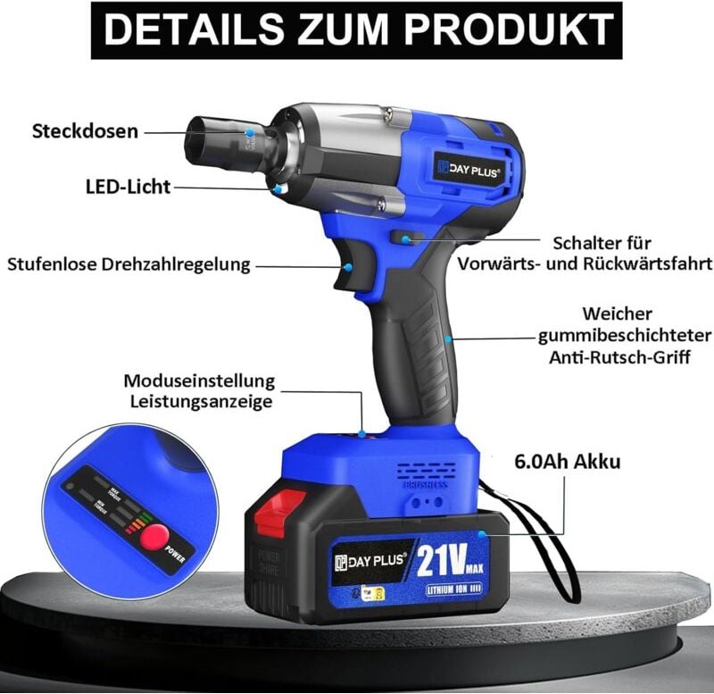 Thumbnail - Bürstenloser Akku Schlagschrauber 1/2 Zoll mit Akku 2 x 6.0Ah 21V und Schnellladegerät - 450 Nm Drehmoment, 4-26 mm Gewi...
