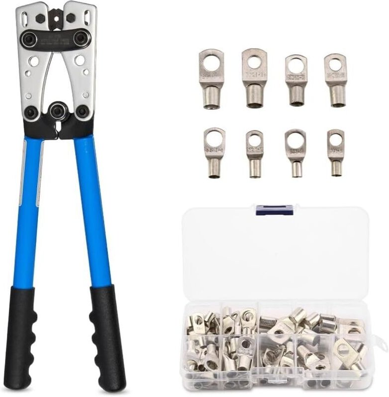 Crimpzange + 60 professionelle Kabelschuhe – AWG 10–0, 6/10/16/25/35/50 mm² TEENO, multifunktionaler Kabelschneider mit ...