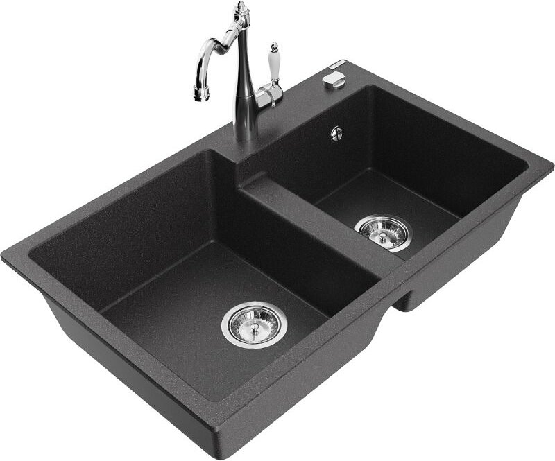 Tomas 2-Becken-Granitspüle mit Mischbatterie Carla, Schwarz gesprenkelt - 6516-76-670700-00 - Mexen