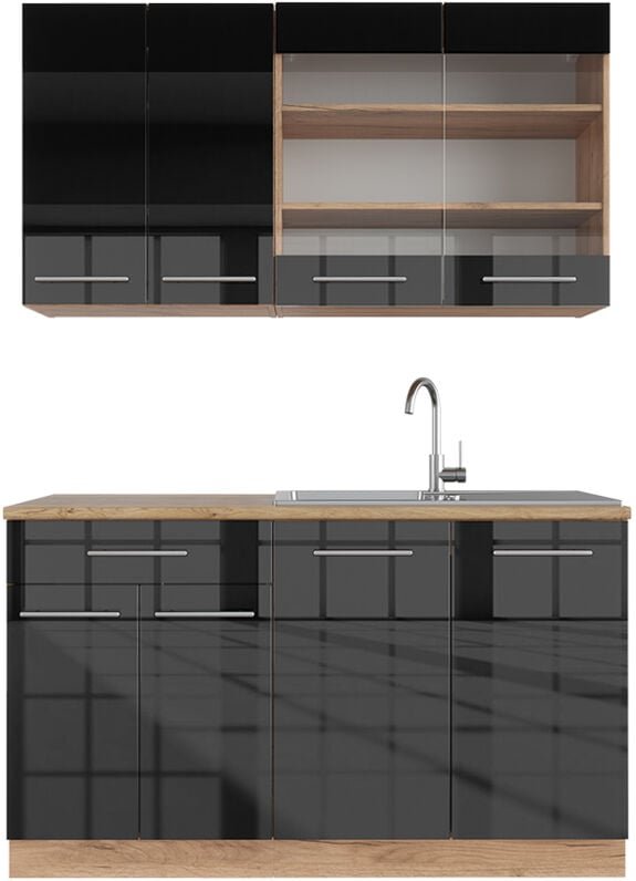 Vicco - Singleküche Fame-Line, Anthrazit Hochglanz/Goldkraft Eiche, 140 cm , ap Eiche