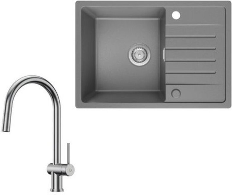Küchenspüle 65x45cm Granitspüle Grau Mit Abtropffläche + Ausziehbarer Küchenarmatur gebürstete Mit 2 Strahlarten Küche W...