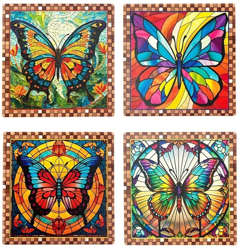 Keramikuntersetzer mit Schmetterlingsmotiv, 4er-Set, saugfähig, Tischdekoration, originelles und praktisches Geschenk