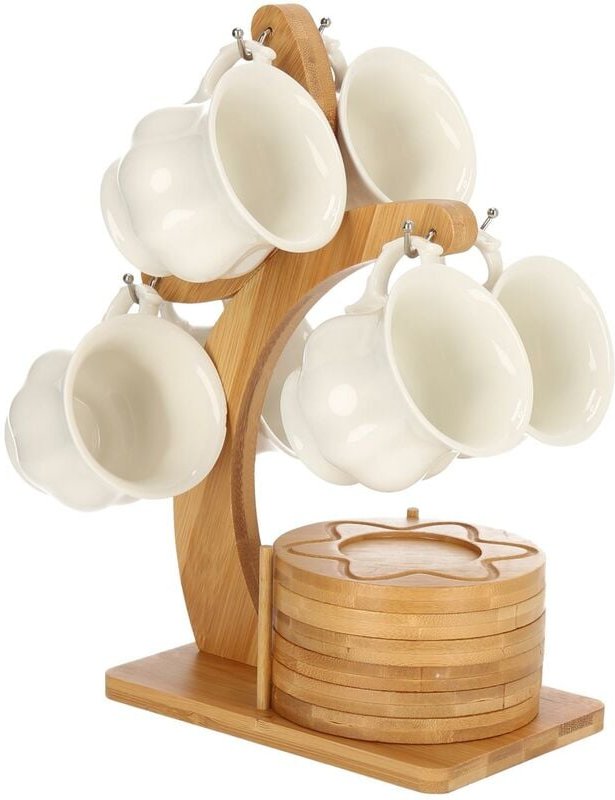 6er Set Kaffeetassen mit Untertasse und TassenHalter Kaffeeservice mit unterschiedlichen Formen Motiv 1