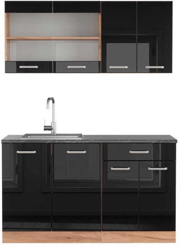 Vicco - Singleküche R-Line, Schwarz Hochglanz/Goldkraft Eiche, 140 cm , ap Anthrazit