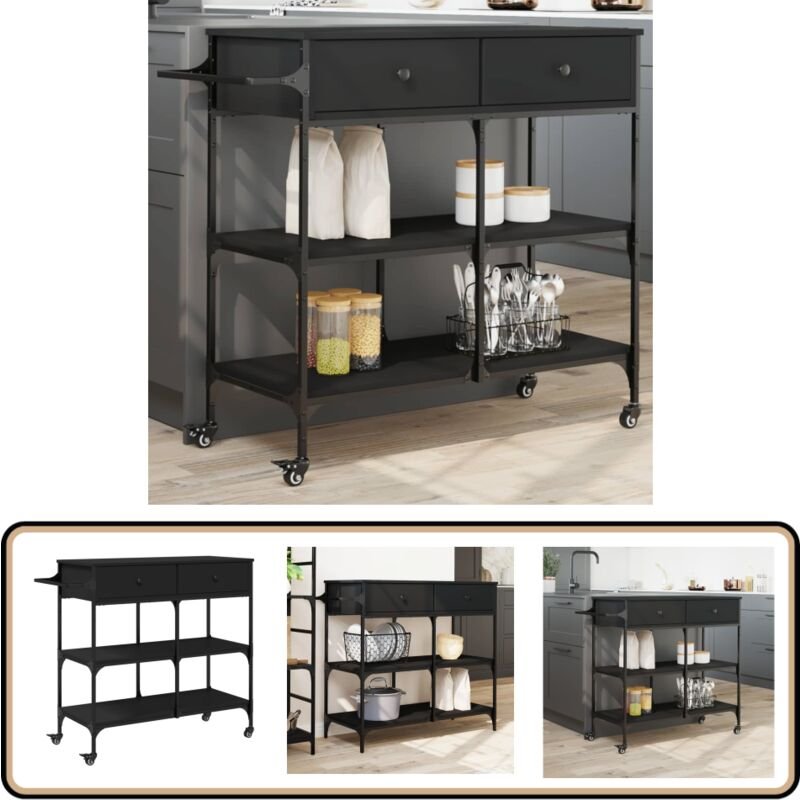 Küchenwagen Schwarz 105x42x95 cm Holzwerkstoff - Küchenwagen - Holzwerkstoffmöbel - Retro Küchentisch - Barwagen - Servi...