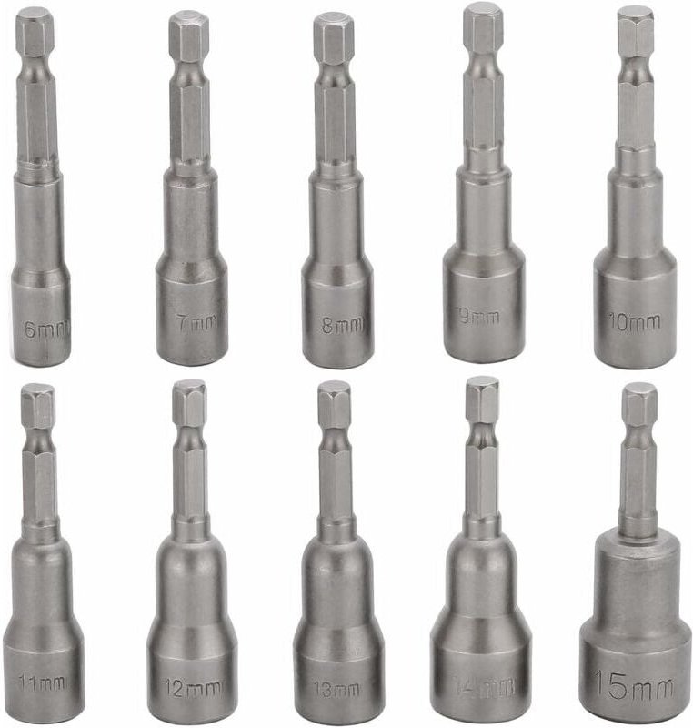 10-teiliges Schlagschrauber-Steckschlüssel-Bit-Set, 6–15 mm, magnetisches Sechskant-Steckschlüssel-Set, magnetischer Boh...