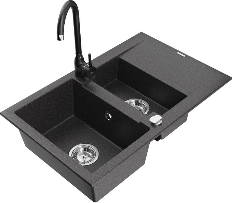 Gaspar 1,5-Becken-Granitspüle mit Abtropffl√§che und Mischbatterie Telma, Schwarz gesprenkelt - 6507-76-670200-70 - Mexe...