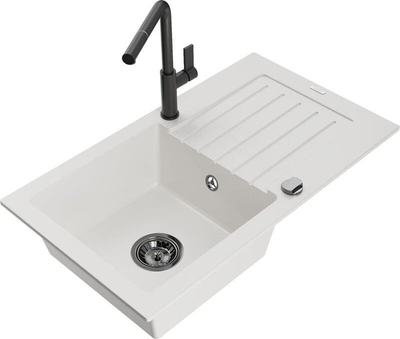 Pablo 1 Becken-Granitspüle mit Abtropffläche und Mischbatterie Flora, Weiß - 6510-20-670401-70 - Mexen