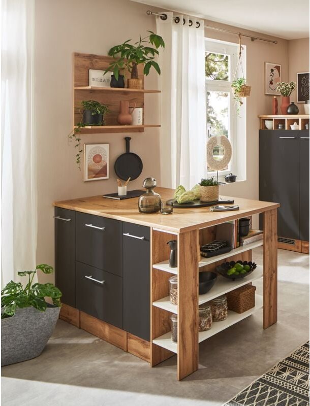 Thumbnail - Küche Kücheninsel Hilde 150 cm mit Hängeregal Grau Respekta