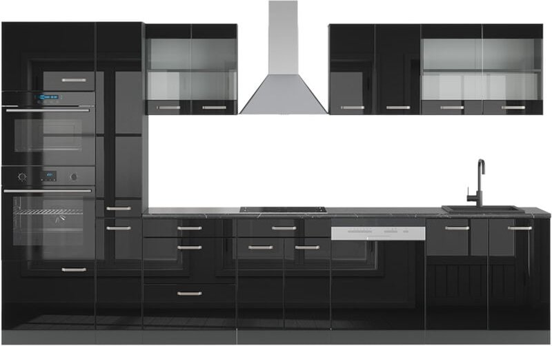 Thumbnail - Vicco - Küchenzeile R-Line, Schwarz Hochglanz/Anthrazit, 350 cm mit Hochschrank, ap Anthrazit