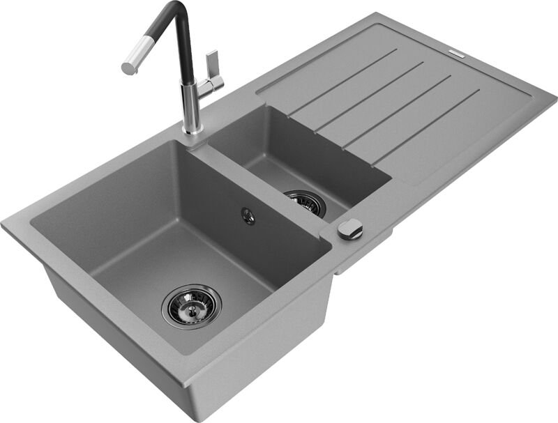 Andres 1,5-Becken-Granitspüle mit Abtropffläche und Mischbatterie Flora, Grau - 6515-71-670401 - Mexen