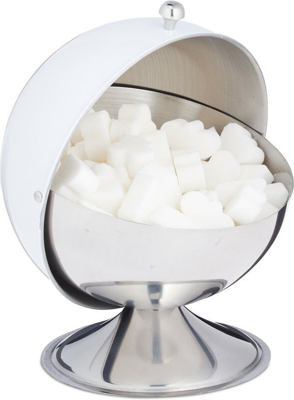 Relaxdays Zuckerdose, mit Rolldeckel, glänzender Edelstahl, für Zucker & Süßigkeiten, Bonbondose, Zuckerkugel, weiß