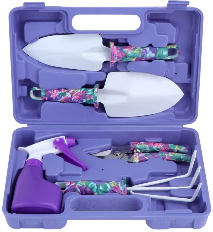 5 Stück Gartengeräte mit Aufbewahrungsbox mit Pflanzschere (lila)