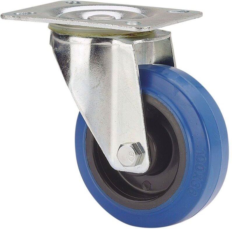 Ruedas Alex - Gummi-Lenkrolle mit Platte und Rollenachse, blau, max. Tragkraft 80 kg, ø 8 cm