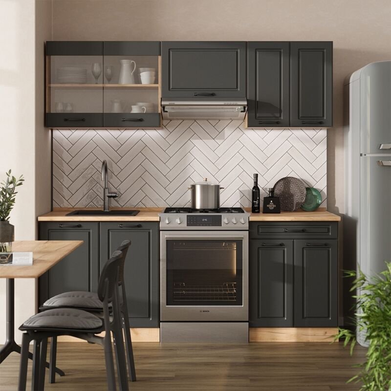 Thumbnail - Vicco - Küchenzeile R-Line, Anthrazit Landhaus/Goldkraft Eiche, 200 cm , ap Eiche