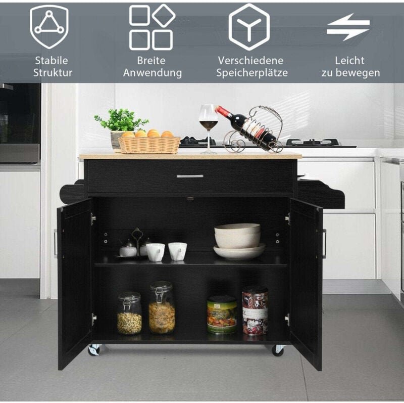 Thumbnail - Kuchenwagen kucheninsel mit schublade und hohenverstellbare ablage 116 x 40 x 85 cm schwarz natur
