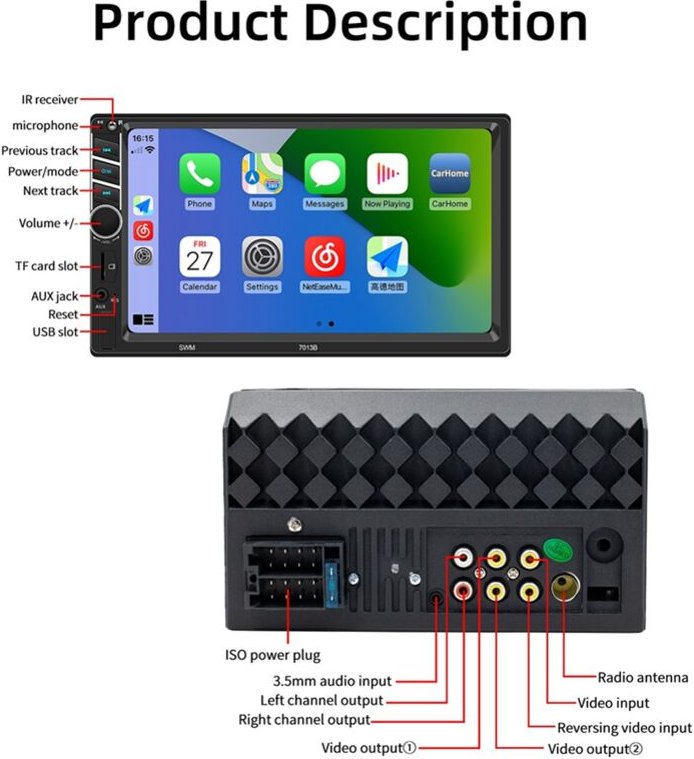 Universelles 7--CarPlay-Autoradio HD-Multimedia-Touchscreen MP5-Player Bluetooth USB FM-Kamera Mirror Link 7013B