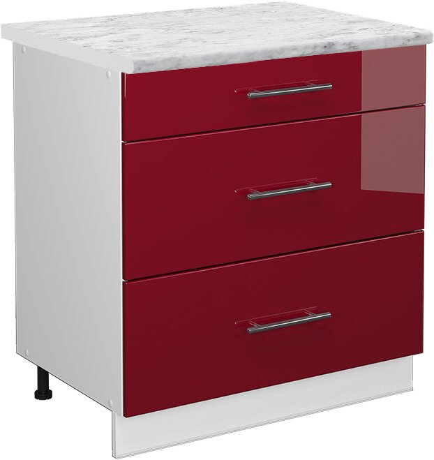 Thumbnail - Vicco - Küchenunterschrank Fame-Line, Bordeaux Hochglanz, 80 cm mit 3 Schubladen, ap Marmor