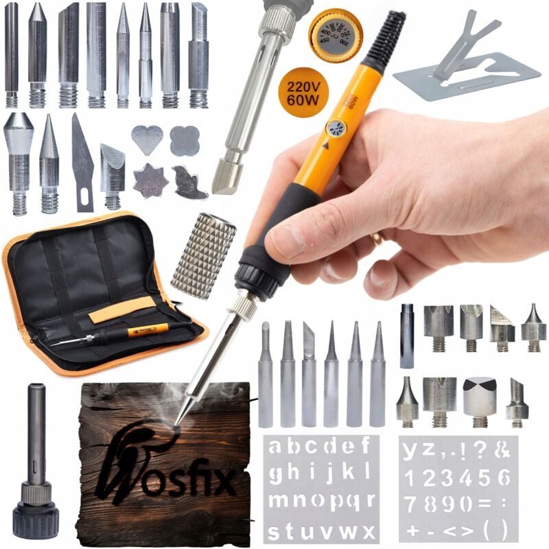 Thumbnail - Rosfix Präzisionslötkolben-Set mit Rosfix Orange Pitbull OP60W + 30 Holzbrennelementen + Organizer (Federmäppchen) für W...