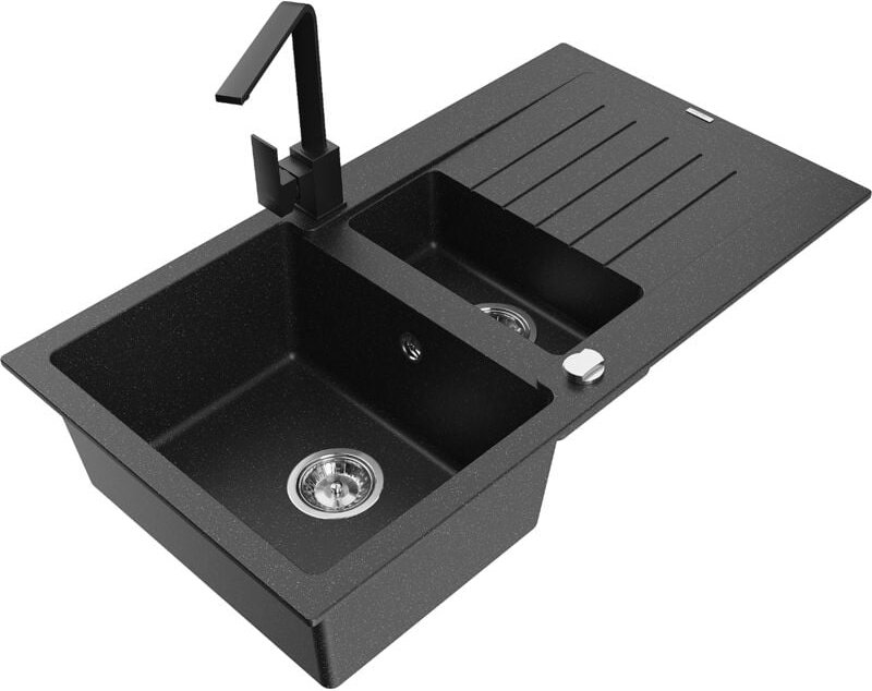 Matias 1,5-Becken-Granitspüle mit Abtropffläche und Mischbatterie Rita, Schwarz/Silbermetallic - Mexen