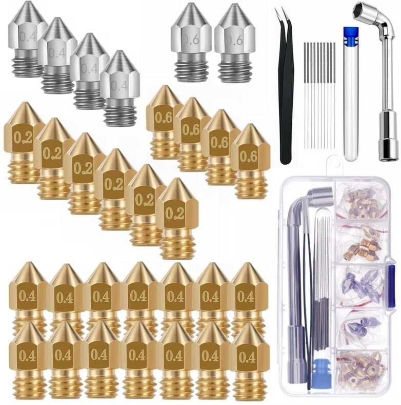 30 Stück Messingdüsen für 3D-Drucker 0,4 mm, 0,2 mm, 0,6 mm, für Creality Ender 3 V2 / Ender 3 / Ender 3 Pro / Ender 3 M...