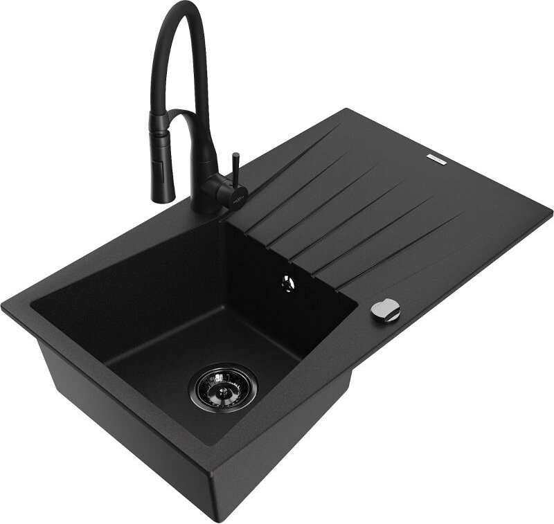 Cesar 1 Becken-Granitspüle mit Abtropffl√§che und Mischbatterie Aster, Schwarz - 6514-77-73450-70-B - Mexen