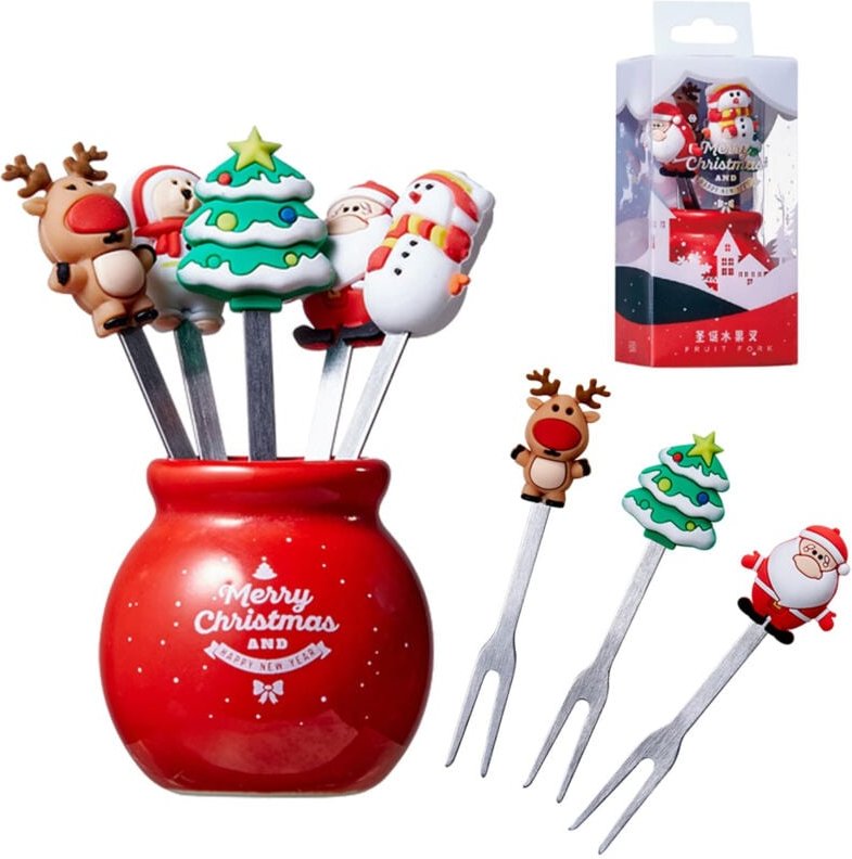 Ej.Life Weihnachten Silikon Obst Gabel Salat Edelstahl Kinder Essen mit Keramik Becherhalter wiederverwendbares Geschenk