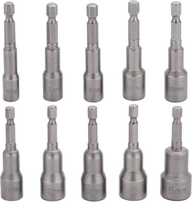 10-teiliges Schlagschrauber-Steckschlüssel-Bit-Set, 6–15 mm, magnetisches Sechskant-Steckschlüssel-Set, magnetischer Boh...