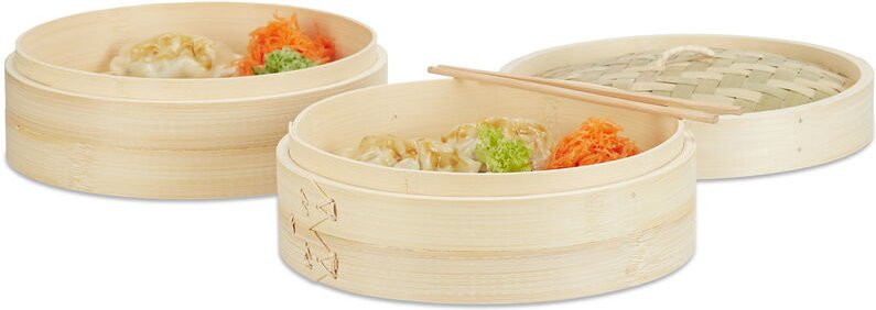 Bambusdämpfer 3-teilig, 2 Dampfkörbe mit Deckel f. Reis u. Dim Sum, Dampfgarer mit 24 cm Durchmesser, natur - Relaxdays