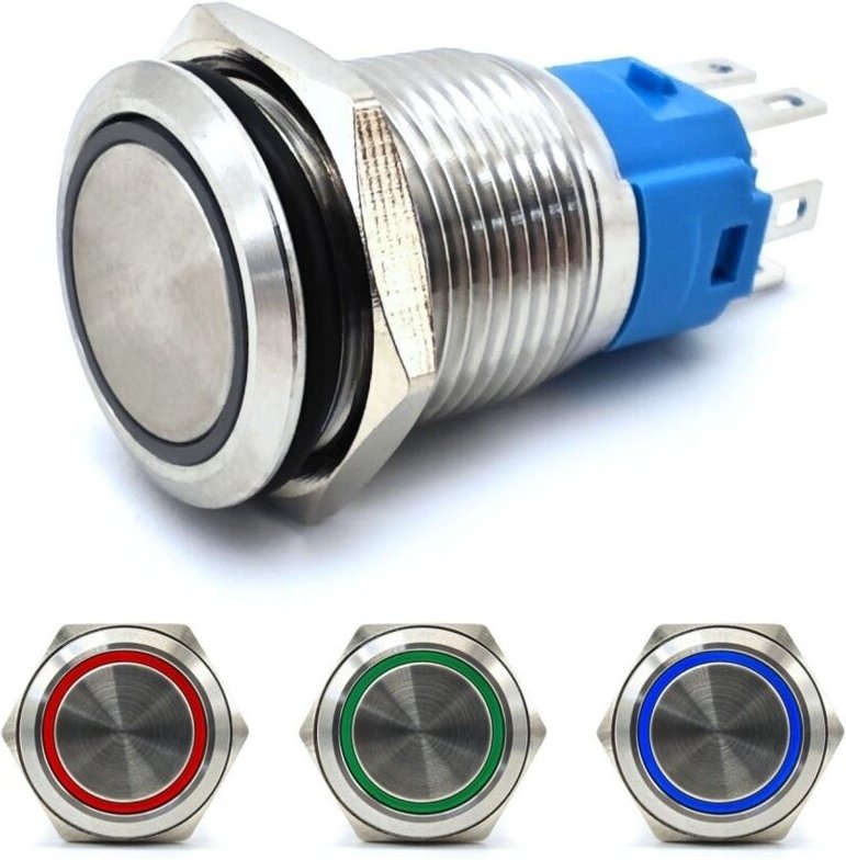 Ein-/Ausschalter, Rastknopf LED 18mm RGB 3 in 1 Chrom + Fassung