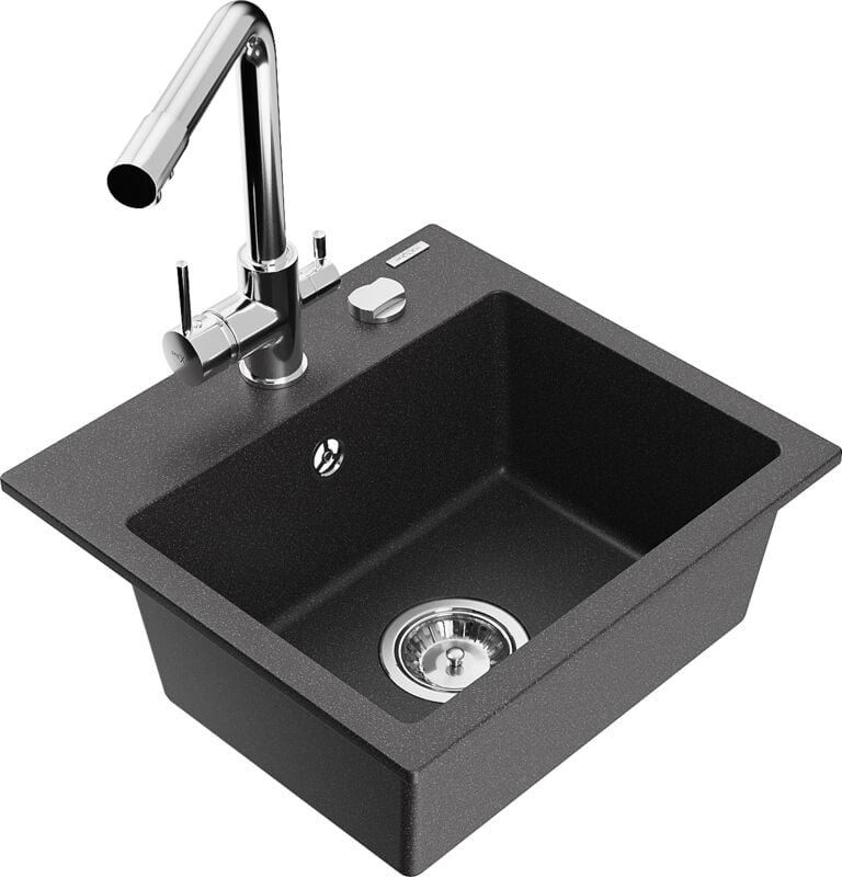 Milo 1-Becken-Granit-Spüle mit Mischbatterie Duero, Schwarz gesprenkelt - 6505-76-671600-00 - Mexen