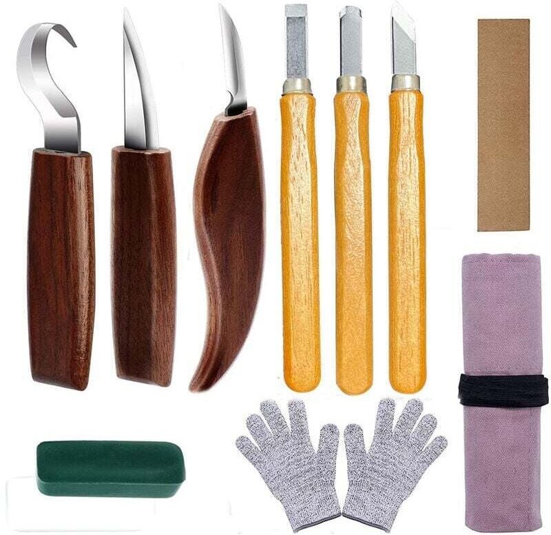 Auspicious-10-teiliges Holzschnitzwerkzeug, Holzschnitzset mit 3 Holzmeißeln, 3 Schnitzmessern, Schnitzmesserset, profes...