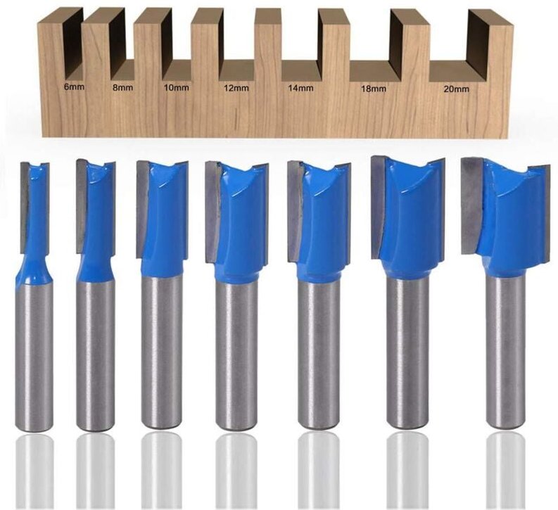 Thumbnail - 7-teiliger gerader Fräser mit 8 mm Schaft, 6 mm, 8 mm, 10 mm, 12 mm, 14 mm, 18 mm, 20 mm Durchmesser, Fräser für die Hol...
