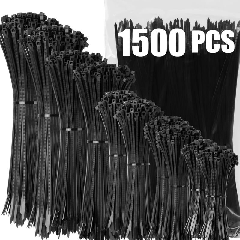 Thumbnail - 1500 Stück schwarze Kabelbinder aus Kunststoff, professionelle Kabelbinder aus Kunststoff, 100/150/200/250/300 mm lang, ...