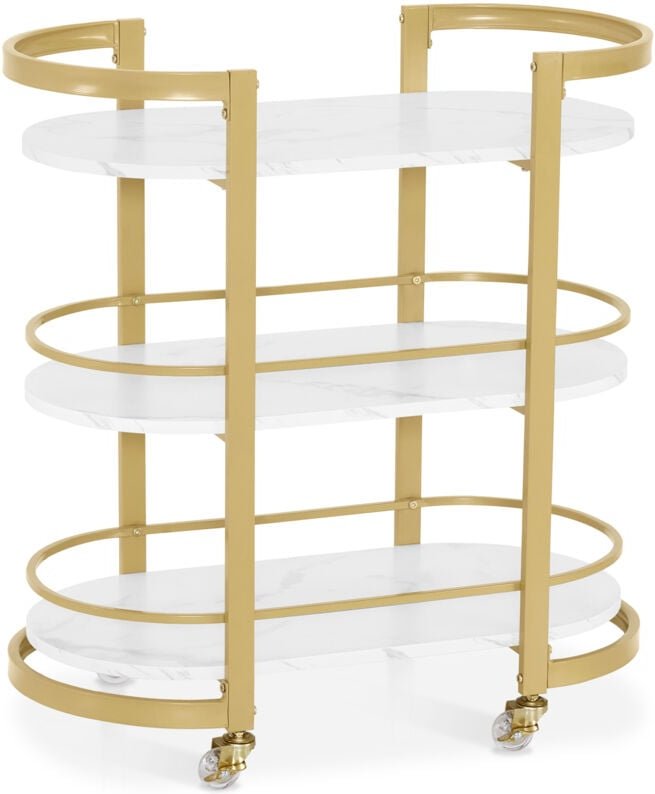 M Mcombo Servierwagen mit Rollen, Küchenwagen Barwagen Metallgestell Weiß-Gold, Moderne Rollwagen Mehrzweckwagen mit 3 E...
