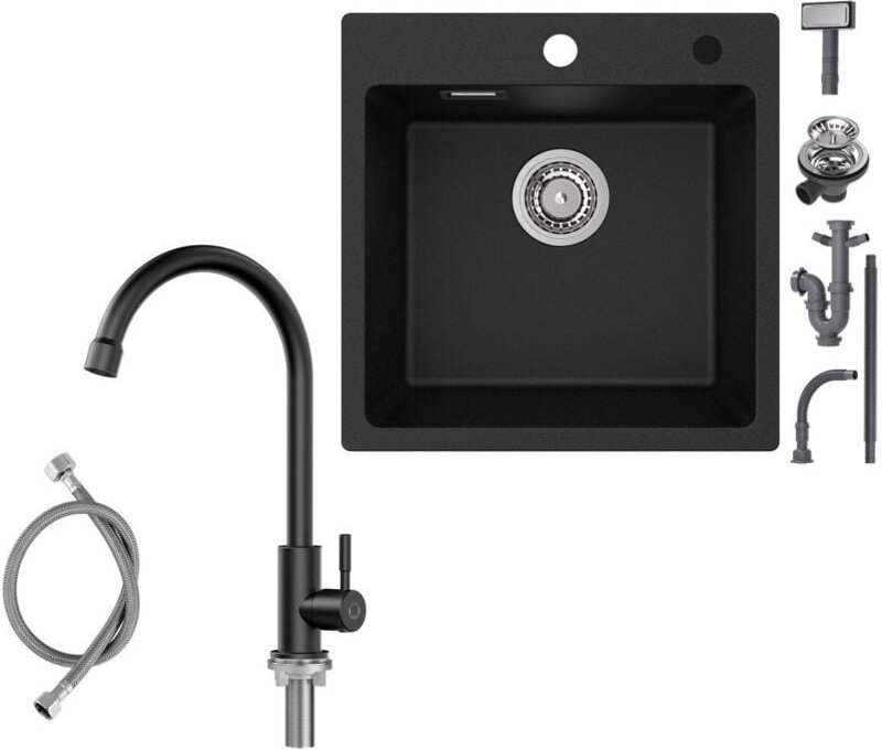Cecipa Max - 45×45cm Aufsatzspüle für die Küche Anthrazitschwarz Granitspüle mit Kaltwasser-Küchenarmatur Schwarz Hochdr...