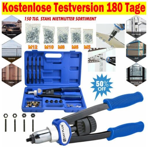 Profi Nietmutternzange Nietzange inkl 150 Nietmuttern M5 M6 M8 M10 M12 Nieten
