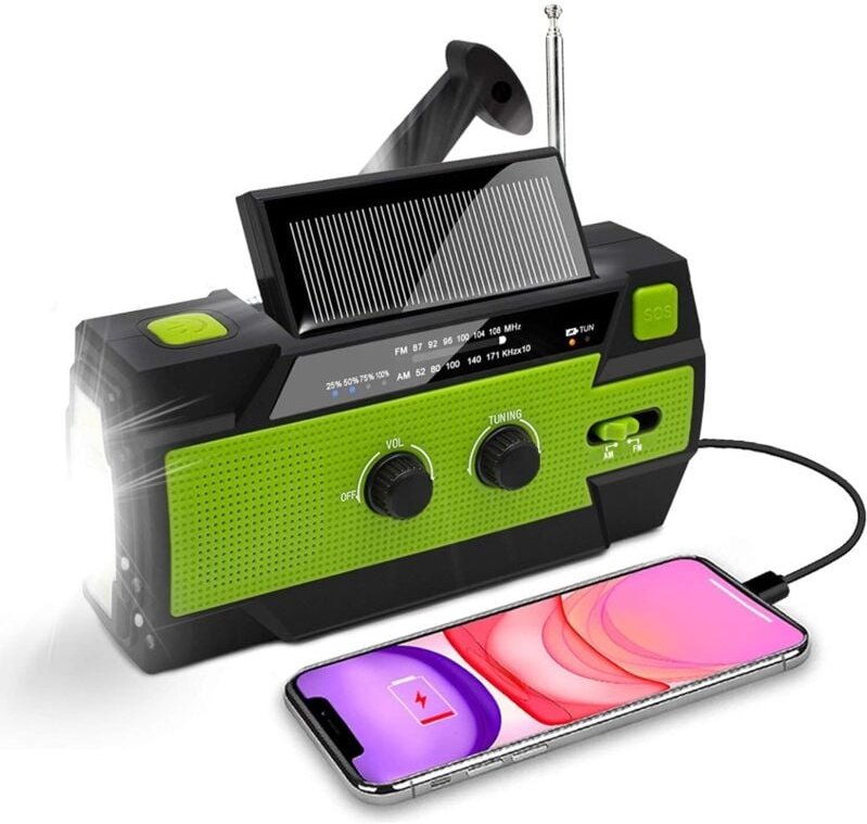 Tragbares Solar-Dynamo-Radio mit AM/FM-Radio, eingebautem 4000-mAh-Akku, LED-Taschenlampe mit 4 Modi, Leselicht mit Bewe...