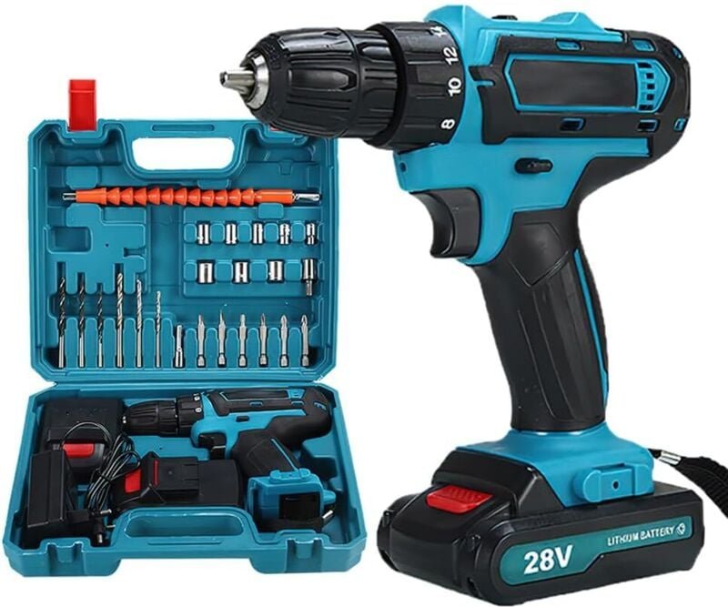 28 V Akku-Bohrschrauber, Akku-Bohrmaschine mit 2 Akkus + 24 Zubehörteilen, 25+3 Drehmomenteinstellungen, LED-Leuchten, B...