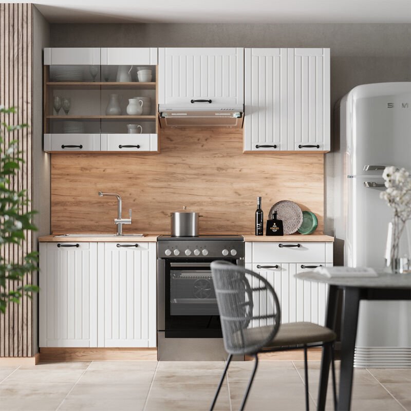 Küchenzeile Fame-Line, Weiß Landhaus, 200 cm , AP Marmor, Vicco