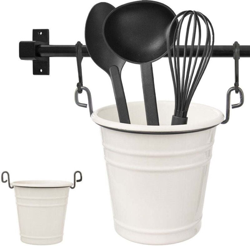 Metal kitchen utensil holder and herb pot with hooks